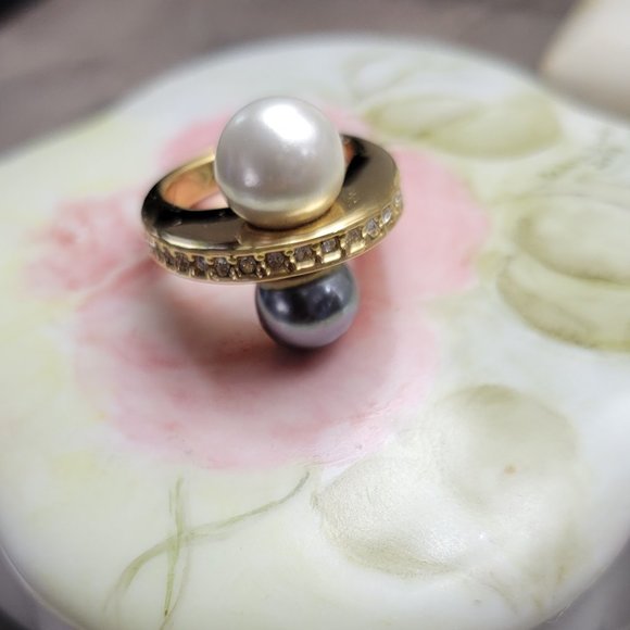 Ring Modernist Faux Pearls Luster Grey and White SIZE 9 IMPRESSIVE DESIGN RARE - Picture 3 of 10
